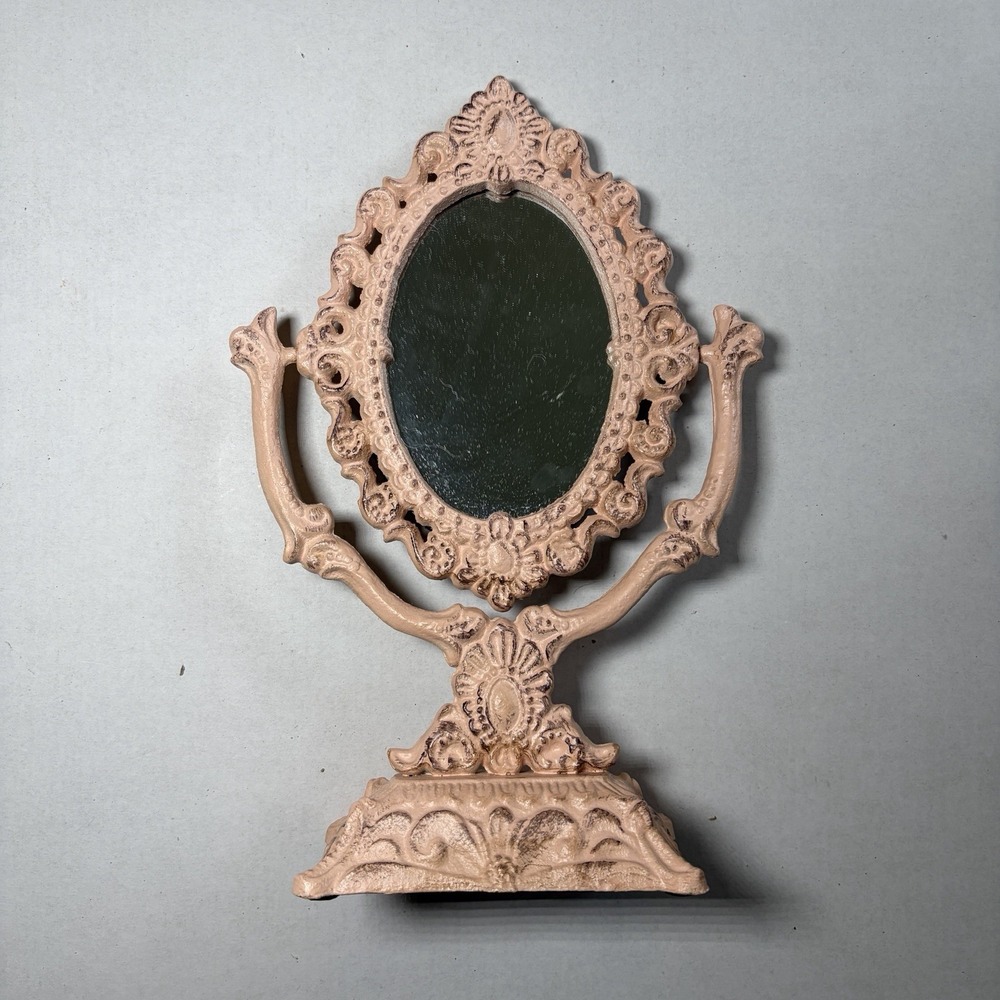 Vintage Cast Iron Vanity Mirror Tabletop Swivel Oval Pink Distressed